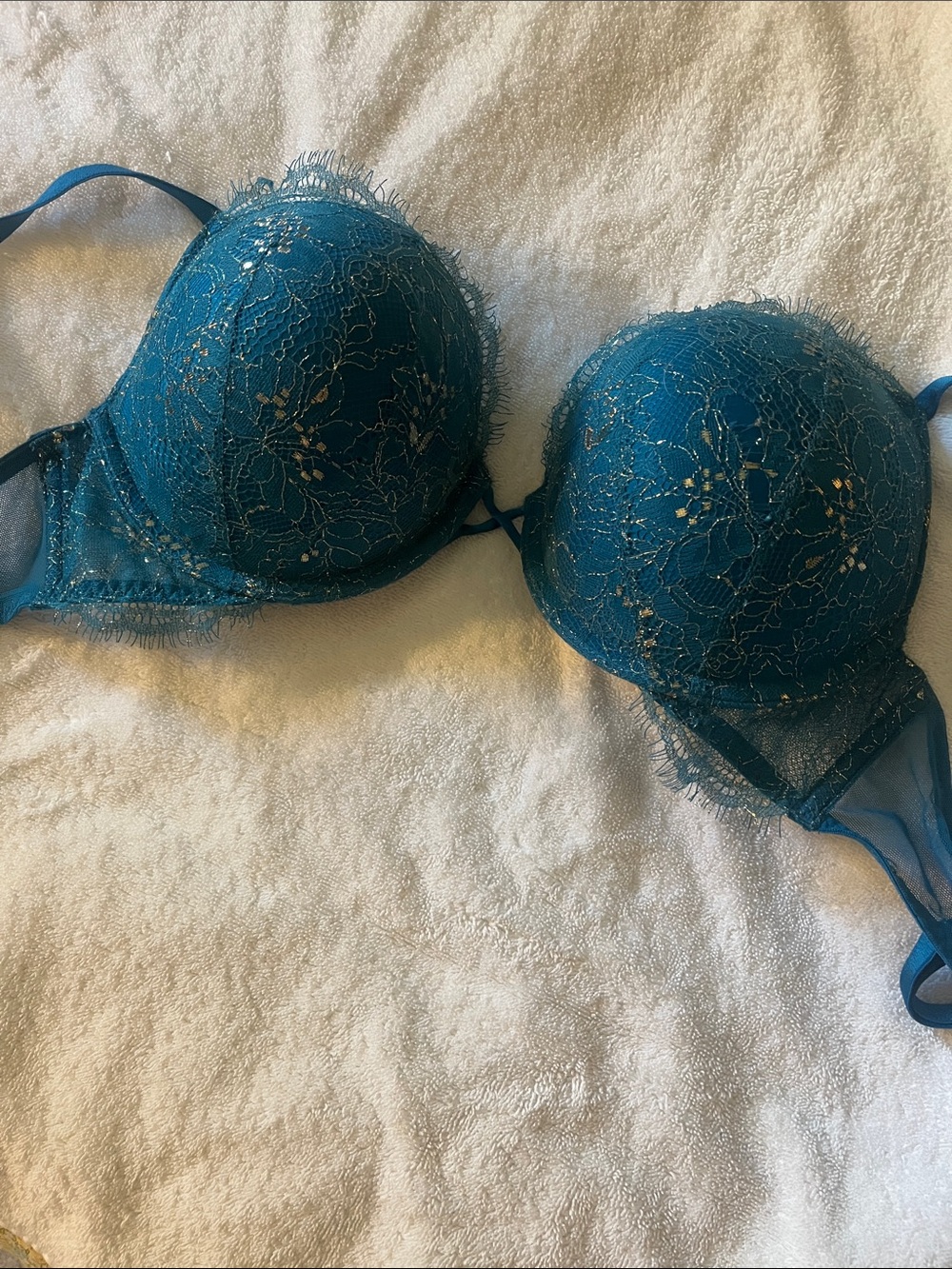 Victoria's Secret Bombshell Teal Lace Push-Up Bra with Gold Accents